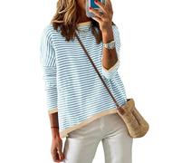 Cuptacc Women's Jumpers Crew Neck Ladies Long Sleeve Tops Tunic Sweatshirt for Women Striped Shirt Teal L 16-18