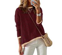 Cuptacc Women's Jumpers Crewneck Long Sleeve Striped Top Cotton Ladies Sweatshirt Autumn T Shirts Wine Red L 16-18