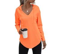Cuptacc Womens Long Sleeve Tops Uk Breathable Basic Autumn Sweatshirt Waffle V Neck With Drawstring Hoodie For Women With Pocket Fluorescent Orange XXL