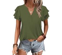 Cuptacc Women's T-Shirt Short Sleeve Summer Blouse V-Neck Elegant Short Sleeve T-Shirt, army green, S