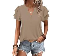 Cuptacc Women's T-Shirt Short Sleeve Summer Blouse V-Neck Elegant Short Sleeve T-Shirt, Khaki, XL