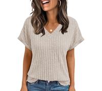 Cuptacc Women's T-Shirts V Neck Short Sleeve Basic Tops Elegant Lightweight Casual Summer Shirts Apricot L 16-18