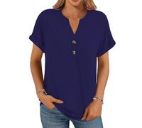 Cuptacc Womens Tops UK Daily Loose Fit V Neck Button Soft Breathable Cotton Ladies Tops Basic T Shirts Navyblue Simple Home Outfits Blouses NavyBlue L Large 12