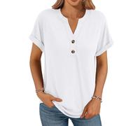 Cuptacc Womens Tops UK V Neck Button Loose Fit Ladies Tops Casual T Shirts White Oversized Breathable Tunic Fabric Summer Essential Blouses White XXXL 18