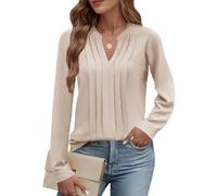 Cuptacc Womens Tops V-Neck Long Sleeve Ladies Blouses Shirts Elegant Pleated Ladies Tunic Tee Shirts Apricot, Small S 8-10