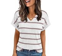 Cuptacc Womens Tops V Neck T Shirts Summer Short Sleeve LightPink Stripe XL