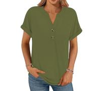 Cuptacc Women's V-Neck T-Shirt with Button Placket, Oversize T-Shirt, Short Sleeve Tops, Women's Loose, Army Green, M