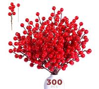 CUQOO 300pc Red Holly Berries - Artificial Berry Stems for Christmas Decorations, Wreath Making Supplies, Berry Picks for Trees, Garlands, Crafts & Festive DIY Décor