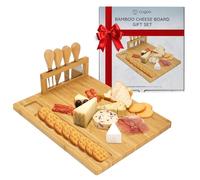 CUQOO Bamboo Cheese Board Gift Set - Charcuterie Board with 3 Stainless Steel Knives & Fork, Serving Platter with Compartment - Perfect for Home & Any Occasions