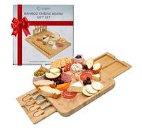 CUQOO Bamboo Cheese Board Set - Charcuterie Board with 4 Stainless Steel Knives & Fork, Serving Platter with Compartment for Meats, Cheese, and Fruits | Perfect for Parties & Gifts