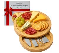 CUQOO Bamboo Cheese Board Set with 3 Knives & Fork - Wooden Charcuterie Board, Cheeseboard Gift Set for Serving, Grazing, Cheese Boards & Knives, Cheese Platter for Cheese Lovers