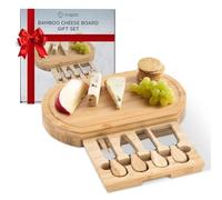 CUQOO Bamboo Cheese Board Set with Drawer & 3 Knives - Wooden Charcuterie Board, Cheeseboard Gift Set for Serving, Grazing, Cheese Boards & Knives, Cheese Platter for Cheese Lovers (Oval)