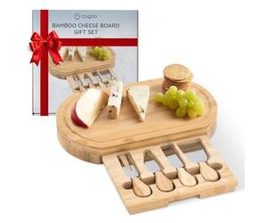 CUQOO Bamboo Cheese Board Set with Drawer & 3 Knives - Wooden Charcuterie Board, Cheeseboard Gift Set for Serving, Grazing, Cheese Boards & Knives, Cheese Platter for Cheese Lovers (Oval)