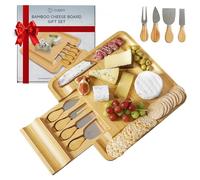 CUQOO Bamboo Cheese Board Set with Drawer & 4 Knives - Large Wooden Charcuterie Board, Cheeseboard Gift Set for Serving, Grazing, Cheese Boards & Knives, Cheese Platter for Cheese Lovers