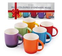CUQOO Colourful Stoneware Mugs Set of 6 - Ceramic Coffee and Tea Cup Set | Durable Everyday Mugs for Hot Drinks Dishwasher and Microwave Safe 350ml