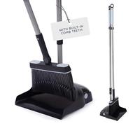 CUQOO Dustpan and Brush Set - Long Handled Upright Standing Pan & Brush, Built-In Comb Teeth, Soft Bristles, No-Bend Design for Indoor & Outdoor Sweeping