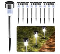 CUQOO Solar Garden Stake Lights - White 10 LED Waterproof Stainless Steel Pathway Lights, Rechargeable Outdoor Solar Light for Garden, Patios & Walkways