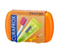 Curaprox Travel-Set Orange - Snap-Together Toothbrush CS 5460 + Be You Toothpaste + 2 Interdental Brushes CPS Prime 07 and 09 - Dental Care Set 9.5 cm x 6 cm