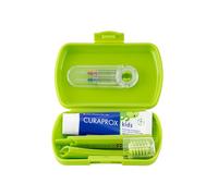 Curaprox Kids Travel Set - Toothbrush, Toothpaste & Interdental Brushes | Ultra-Soft Curen® Filaments | Compact Travel Set for Children (Green) | Made in Switzerland