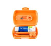 Curaprox Kids Travel Set - Toothbrush, Toothpaste & Interdental Brushes | Ultra-Soft Curen® Filaments | Compact Travel Set for Children (Orange) | Made in Switzerland
