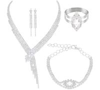 CURASA Silver Wedding Jewelry Set Rhinestone Necklace And Earrings Bracelet Ring Sets Elegant Sparkly Y Necklace For Brides Bridesmaid Crystal Hypoallergenic Choker Bridal Prom Party Costume
