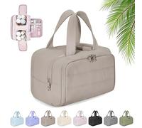 Cureaway Travel Cosmetic Bag, Portable Large Capacity Wide-Open Travel Cosmetic Bag, with 4 Compartments, Lightweight Waterproof for Accessories,Essentials, Toiletries (Khaki)