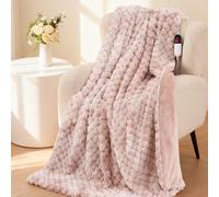 CURECURE Heated Blanket Electric 130x180cm, 3D Petal Jacquard Bunny Fleece & Flannel, 6 Heat Settings & 1-10H Auto-Off Heating Throws, Machine Washable Heated Throw for Bed Sofa Office（Pink）