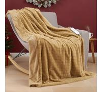 CURECURE Heated Throw Electric Blanket Extra Long 180cms, Luxury Faux Fur & Flannel Electric Over Blanket for Sofa Bed, Overheat Protection, 4 Heat Levels, 10H Auto-Off, Machine Washable, Khaki