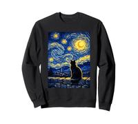 Curious Black Cat Van Gogh Overlooking Starry Night Village Sweatshirt