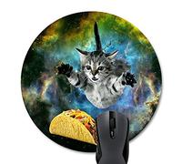 Curious Cat Flying Through Space Reaching for a Taco in Galaxy Space Hilarious Round Mouse Pad