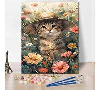 Curious Cat Paint by Number for Adults Watercolor Cat in the Flower Field Painting by Numbers Kits with Brushes Floral Canvas Paint by Number Kits Art Crafts Gifts Wall Home Decor 16"x20" (Frameless)