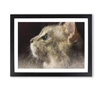 Curious Cat Painting Modern Art Framed Print | A3 Black Framed Wall Art | Ready to Hang | Modern Animal Picture | Living Room Bedroom Lounge Office