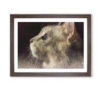 Curious Cat Painting Modern Art Framed Wall Art Print, Ready to Hang Picture for Living Room Bedroom Home Office Décor, Walnut A4 (34 x 25 cm)