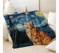 Curious Ginger Cat Under Starry Night Fleece Blanket, Post-Impressionist Style Super Soft Flannel Throw Blanket for Animal Lovers Sofa Bed Use (03,100x150cm)