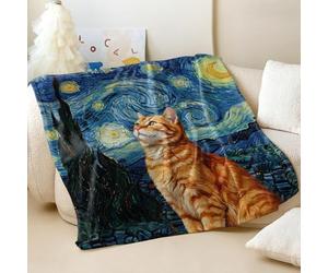 Curious Ginger Cat Under Starry Night Fleece Blanket, Post-Impressionist Style Super Soft Flannel Throw Blanket for Animal Lovers Sofa Bed Use (03,100x150cm)