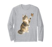 Curious Maine Coon Cat Reaching for Cute Monarch Butterfly Long Sleeve T-Shirt