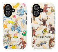 Curious Monkey Phone Case for Phone 16 15 14 13 12 11 Pro Max XR XS 6 7 8 Plus SE - Cute Monkey & Banana Custom Name Photo Tough Case - Personalized Cartoon Shockproof Protective Cover - Childhood