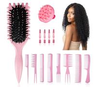 Curl Defining Brush Combo Set - Hair Styling Tools for All Hair Types, Includes Scalp Massager for Hair Washing, 8-Piece Comb Set, and 4 Hair Styling Clips(Flare Pink)