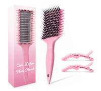 Curl Defining Brush with Hair Clips - Detangling Tool for Wet or Dry Styling, Ideal for Curly Hair, Women & Girls (Pink)