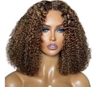 Curl Lace Human Wigs 13 * 4, Highlight Honey Blonde Kinky Curly Human Hair Wigs 4/27 Piano Color(16inch(40cm))