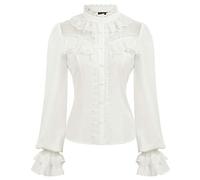 CURLBIUTY Black Blouses for Women Retro Gothic Lolita Stand Collar Button Shirts for Party Birthday Cocktail White M