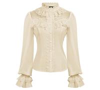 CURLBIUTY Women's Edwardian Button Down Blouse Retro Gothic Tops Renaissance Steampunk Lolita Shirt Beige L