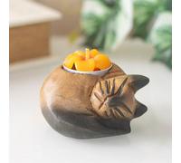 Curled Cat Tealight Holder - Handcrafted Monkey Pod Wood Decor