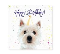 Curled Up West Highland Terrier Birthday Card - Party Hat Westie Greeting Card - Blank Inside