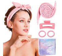 Curling band without heat set, heatless curls with 1 hair clip and 2 hair bands, lotta curls, quick curls during the day, gentle and comfortable, ideal for everyday life, travel and gift idea (pink)