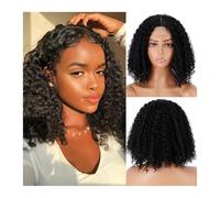 Curly Bob Wigs, 11" Black Short Curly Wig Synthetic Fiber Hair, Heat Resistant Natural Curly Middle Part Wigs for Black Women Daily Use