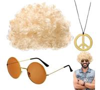 Curly Disco Wig Set | Mens Hippie Wig Set - Retro Disco Costume, Hippie Sunglasses And Necklace Men | Afro Sunglasses Necklace For 50/60/70s Theme Party, Halloween Costumes For Men