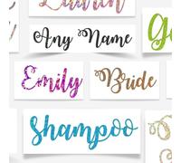 Curly Glitter Personalised Vinyl Name Stickers 3 cm Height Beautiful Colours. Perfect for Bottles, Weddings and Other Events, Label Decal