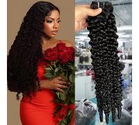 Curly Hair Bundles Human Hair 20 Inches 12A Water Wave Quick Weave Bundles with Spiral Curly End 100% Unprocessed Kinky Curly Hair Extensions Natural Black