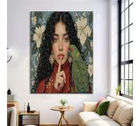 Curly Hair Woman Bird Canvas Paintings on the Wall Art Posters and Prints, Elegance Pictures Living Room Office Modern Home Decoration, 28x39in Artistic Canvas Print, Red Green